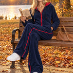 Women's Women's Red And Navy Blue Fleece Hooded Zipper Jumpsuit