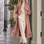 Retro Pink Patchwork Wool-Blend Faux Fur Coat, Vintage Western Women's Outerwear