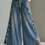 Vintage Chic Drawstring Gold Button Side Slit Wide Leg Jeans