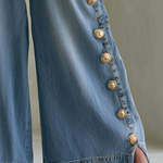 Vintage Chic Drawstring Gold Button Side Slit Wide Leg Jeans