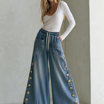 Vintage Chic Drawstring Gold Button Side Slit Wide Leg Jeans