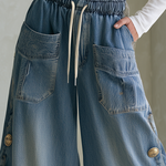 Vintage Chic Drawstring Gold Button Side Slit Wide Leg Jeans