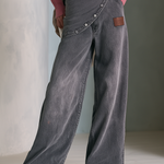Modern Chic Asymmetric Snap Button Wrap Front Gray Wash Wide Leg Jeans
