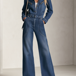 Retro Western Zip Pocket Collared Long Sleeve Wide Leg Denim Jumpsuit