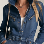 Retro Western Zip Pocket Collared Long Sleeve Wide Leg Denim Jumpsuit