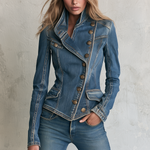Vintage Military Asymmetric Bronze Button Fitted Denim Jacket