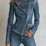 Vintage Military Asymmetric Bronze Button Fitted Denim Jacket