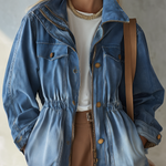 Vintage Utility Faded Wash Cinched Waist Zip Up Peplum Denim Jacket