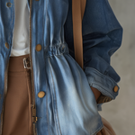 Vintage Utility Faded Wash Cinched Waist Zip Up Peplum Denim Jacket
