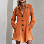 Retro Boho Burnt Orange Frayed Hem Button Front Denim Mini Dress