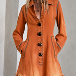 Retro Boho Burnt Orange Frayed Hem Button Front Denim Mini Dress