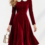 Women's Fashion Lace Collar Red Velvet A-line Midi Dress