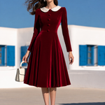 Women's Fashion Lace Collar Red Velvet A-line Midi Dress