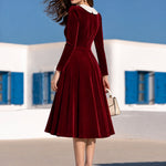 Women's Fashion Lace Collar Red Velvet A-line Midi Dress