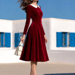 Women's Fashion Lace Collar Red Velvet A-line Midi Dress