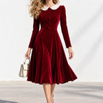 Women's Fashion Lace Collar Red Velvet A-line Midi Dress