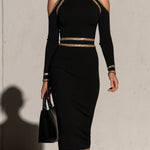 Elegant And Sophisticated Black High-neck Off-shoulder Long-sleeved Midi Dress