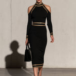 Elegant And Sophisticated Black High-neck Off-shoulder Long-sleeved Midi Dress