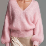 Elegant Pink V-neck Loose Pullover Sweater