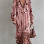 Vintage-style Fringed-hem Pink Floral-print Faux-suede Maxi Dress