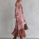 Vintage-style Fringed-hem Pink Floral-print Faux-suede Maxi Dress