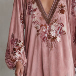 Vintage-style Fringed-hem Pink Floral-print Faux-suede Maxi Dress
