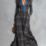 Vintage-Style Denim-Trimmed Brown and Blue Plaid Maxi Dress
