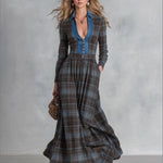 Vintage-Style Denim-Trimmed Brown and Blue Plaid Maxi Dress