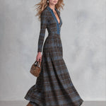 Vintage-Style Denim-Trimmed Brown and Blue Plaid Maxi Dress