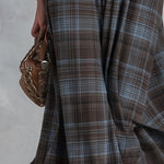 Vintage-Style Denim-Trimmed Brown and Blue Plaid Maxi Dress