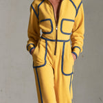 Casual Retro Denim-trimmed Yellow Stand-up Collar Zip-up Cotton Jumpsuit