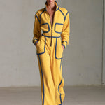 Casual Retro Denim-trimmed Yellow Stand-up Collar Zip-up Cotton Jumpsuit