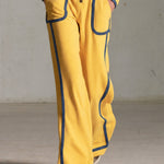Casual Retro Denim-trimmed Yellow Stand-up Collar Zip-up Cotton Jumpsuit