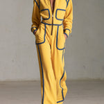 Casual Retro Denim-trimmed Yellow Stand-up Collar Zip-up Cotton Jumpsuit