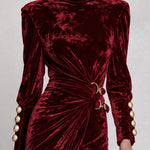 Vintage-elegant Burgundy High-neck Pleated Velvet Midi Dress