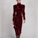 Vintage-elegant Burgundy High-neck Pleated Velvet Midi Dress