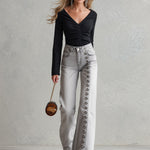 Stylish Metal Eyelets Light Gray Wide-Leg Jeans