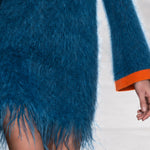 Retro-chic Color-blocked Trim Blue Tassel Bell Sleeve Knit Mini Dress