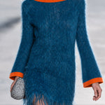 Retro-chic Color-blocked Trim Blue Tassel Bell Sleeve Knit Mini Dress
