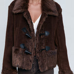 Premium Faux-Shearling Trimmed Brown Fleece Duffle Coat