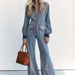 Women's Retro Frayed Edge Red Topstitching Light Blue Denim Jumpsuit