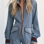 Women's Retro Frayed Edge Red Topstitching Light Blue Denim Jumpsuit