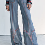 Women's Retro Frayed Edge Red Topstitching Light Blue Denim Jumpsuit