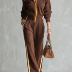 Stylish and Warm Yellow Trim Brown Fleece Wide-Leg Jumpsuit