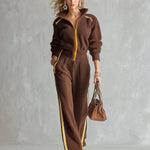Stylish and Warm Yellow Trim Brown Fleece Wide-Leg Jumpsuit