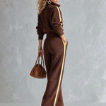 Stylish and Warm Yellow Trim Brown Fleece Wide-Leg Jumpsuit