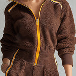 Stylish and Warm Yellow Trim Brown Fleece Wide-Leg Jumpsuit