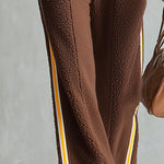 Stylish and Warm Yellow Trim Brown Fleece Wide-Leg Jumpsuit