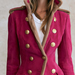 Vintage Military Hot Pink Faux Suede Shearling Trim Double-Breasted Gold Button Band Jacket