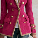Vintage Military Hot Pink Faux Suede Shearling Trim Double-Breasted Gold Button Band Jacket